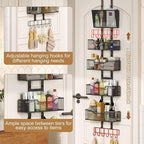Adjustable Over The Door Organizer, Closet Door Organizer Heavy Duty Hanging Door Storage with 4 Metal Baskets and PVC Pocket, Behind Organizer for Bathroom Closet Bedroom Cabinet, Black