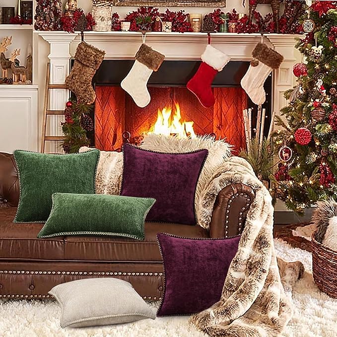 decorUhome Spring Chenille Soft Cozy Throw Pillow Covers 20x20 Set of 2, Modern Farmhouse Boho Velvet Decorative Pillow Cases with Stitched Edge for Couch Sofa Bed Home Decor, Rhododendron
