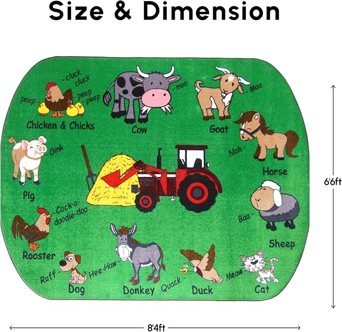 SAFECASTLE Kids Carpet – 6'6" x 8'4" Colorful Farm Sounds Educational Area Rug, Teaches Animal Names & Sounds, Interactive Play Rug for Classroom, Daycare, Playroom, Nursery & Learning Fun