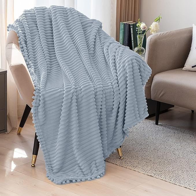 DISSA Fleece Blanket Twin Size – 60x80, Grey – Soft, Plush, Fluffy, Fuzzy, Warm, Cozy – Perfect Throw for Couch, Bed, Sofa - with Pompom Fringe - Flannel Blanket