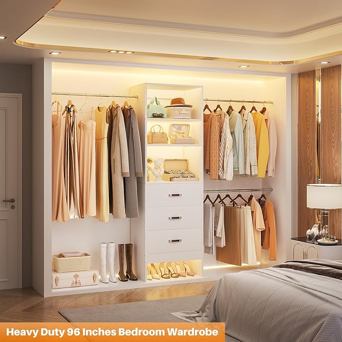 Homieasy 96 Inches Closet Organizer System, 8FT Customizable Walk In Closet Organizer with Hanging Rods, 3 Drawers Garment Rack with Leather Handle , 96" L x 16" W x 75" H, Max Load 1000 LBS, White