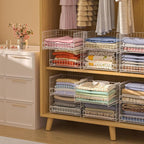 4-Tier Sliding Closet Organizers and Storage Shelves, Stackable Closet Shelf Organizer Basket Bins, Drawer Shelf Storage Container for Wardrobe Cupboard Kitchen Bathroom Office, White