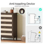 LINSY HOME Rattan Dresser with 5 Deep Drawers, 46" Tall Chest of Drawers, Mid Century Modern Wood Dresser, Large Boho Storage Cabinet for Bedroom with Metal Handle and Durable Legs, Walnut