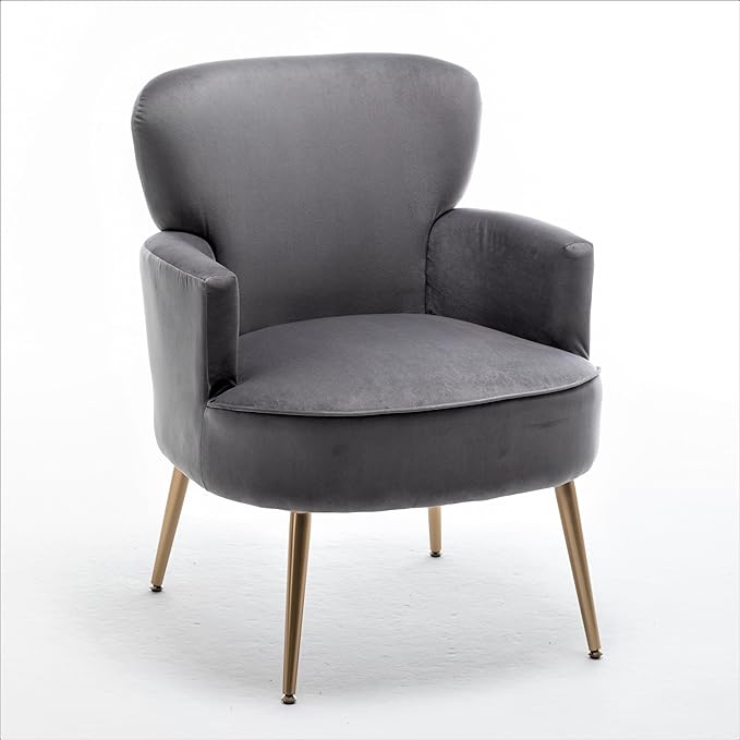 Trendy Velvet Accent Chair with Gold Metal Legs, Upholstered Armchair for Small to Mid-Size Spaces, Modern Living Room, Bedroom, Vanity Desk and Entryway, Grey