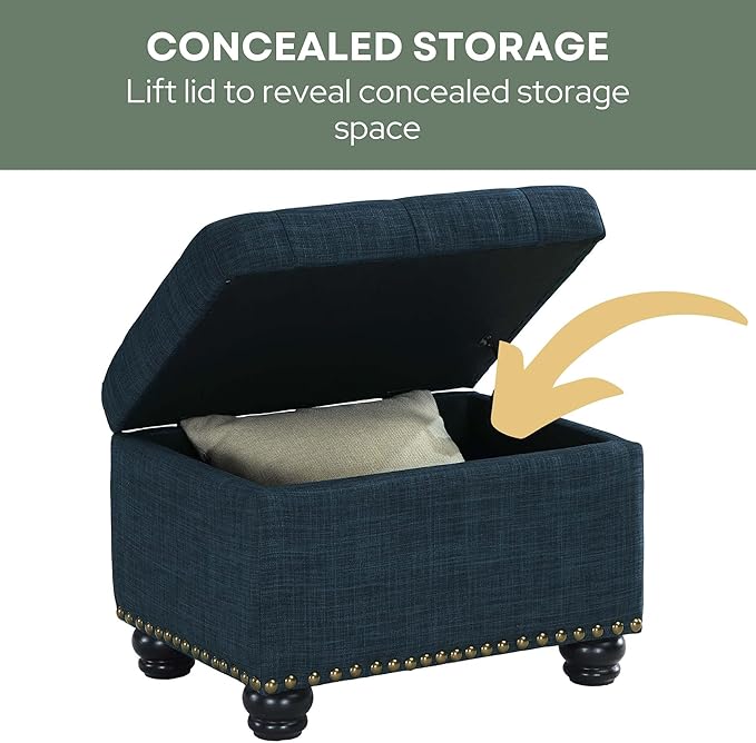 Convenience Concepts Designs4Comfort 5th Avenue Upholstered Storage Ottoman 24" - Contemporary Foot Stool and Seat with Hinged Lid for Living Room, Dining Room, Office, Den, Dark Blue Fabric