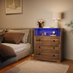 GarveeLife Small Dresser with 3 Drawers, Wood Dresser with Charging Station and LED Lights for Bedroom Closet Bedside, Modern Wooden Chest of Drawers for Living Room, Hallway, Grey