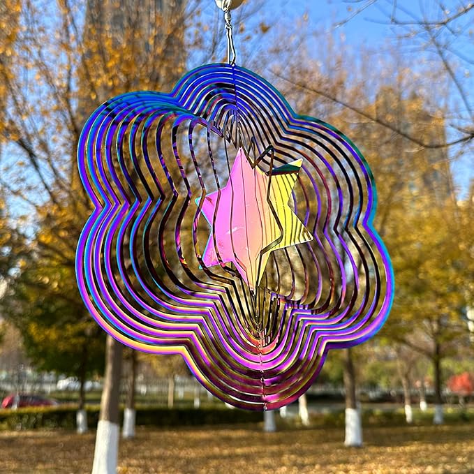 Wind Spinner Outdoor Metal 3D Wind Spinner Hanging Yard Garden Decor Gifts Stainless Steel Six-Pointed Star Spinners with 360° Rotating Hook