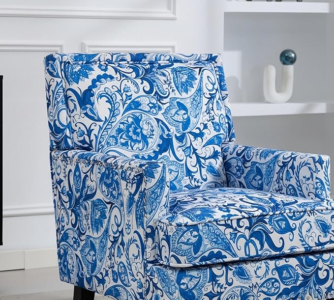 KEIKI Vintage Porcelain Accent Chair with Nailhead Trim, Upholstered Lounge Armchair - Ergonomic High Back Support, Perfect for Reading Nook