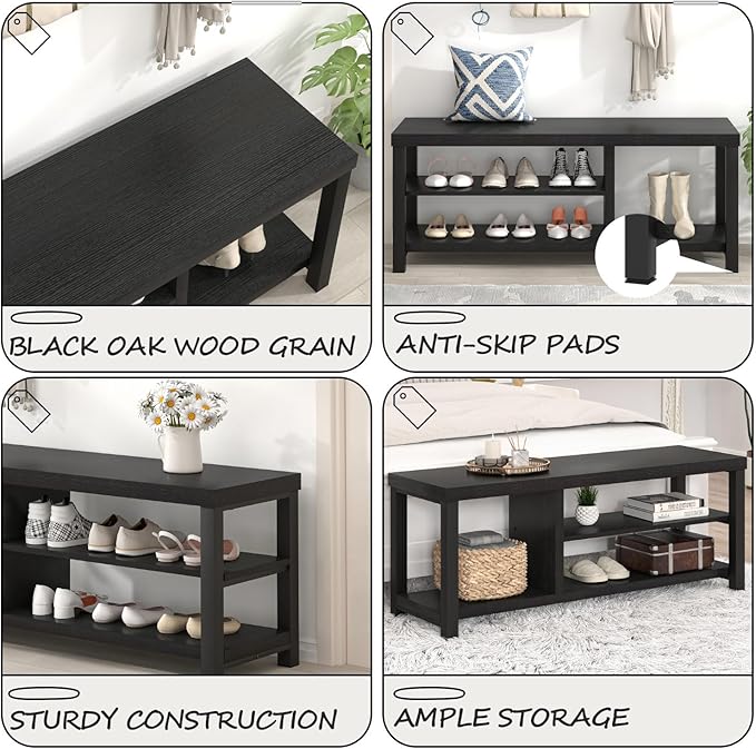 EXCEFUR Shoe Bench, Rustic Wooden Storage Bench for Entryway Hallway, Industrial Indoor Shoe Rack Bench Seat for Living Room Bedroom, 43.3 Inch Black