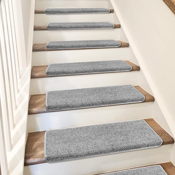 PURE ERA Bullnose Carpet Stair Treads Set Tape Free Non-Slip Indoor Stair Protectors Pet Friendly Rugs Covers Soft Skid Resistant Washable Reusable 9.5" x 30"(14 Pieces,Light Gray)