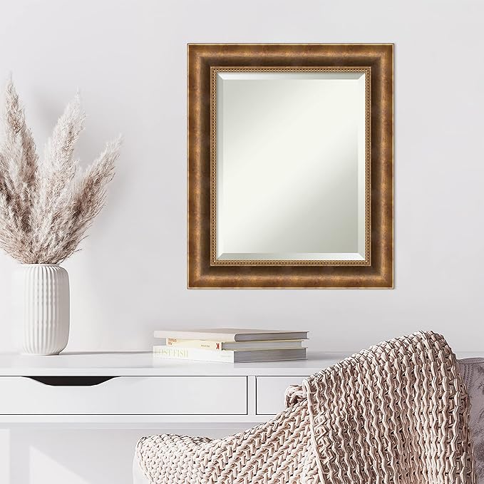 Amanti Art Bronze Wall Mirror 25x21 Manhattan Bronze Rectangle Bathroom Mirror for Wall Decor Living Room, Small Traditional Wood Frame, Hangs Horizonally and Vertically, Bathroom Decor, Beveled Edge