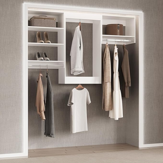 Modular Closet System, 60" Wide Closet Organizer System with Hanging Shelving , Wood Tower Closet Storage for Walk In Closets, Wall Mounted Wardrobe Organizer Kit System, Bedroom, White