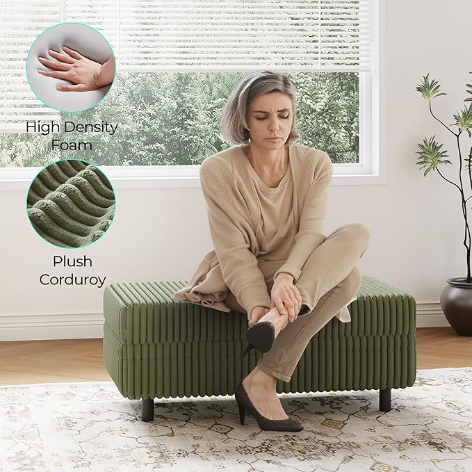LINSY HOME Sectional Sleeper Sofa Storage Ottoman Bench, Convertible Coffee Table Plush Corduroy Couch Ottoman Footstool for Living Room, Bedroom Entryway and Family Room, Green