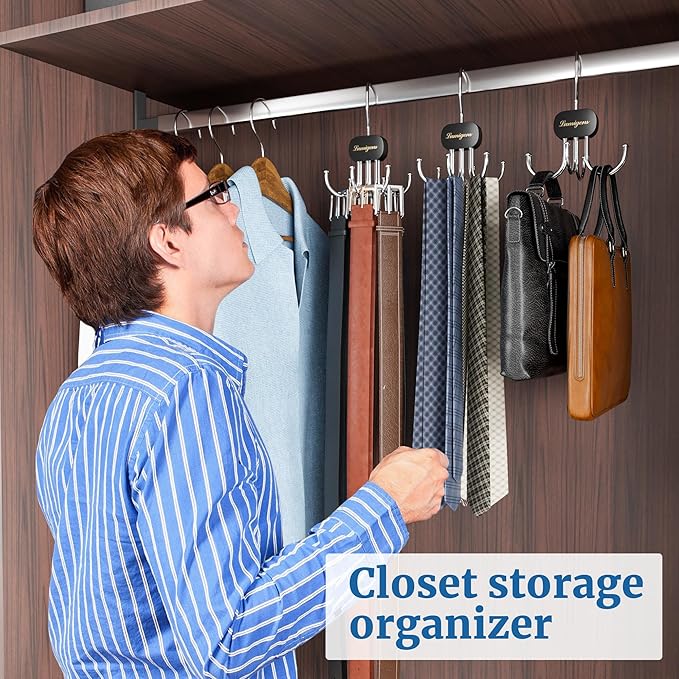 Belt Hanger, Belt Organizer for Closet,Rotatable Tie Rack,Belt Holder,Hanging Closet Organizer Hook for Belt, Bra, Tank Top, Tie, Scarf, Purse,3PCS,Black