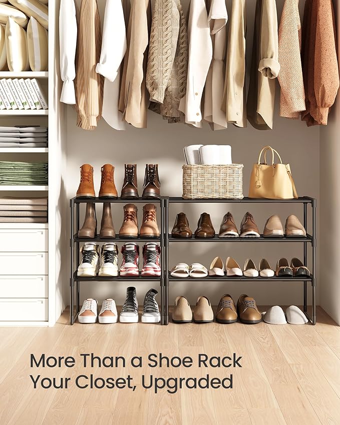 SONGMICS Shoe Rack, 3-Tier Shoe Organizer, Metal Storage Shelf, Upright or Upside Down, for 4-8 Pairs, Stackable, for Entryway, 11.8 x 16.7 x 21.5 Inches, Black ULSA003B01