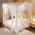 4 Corners Post Princess Curtains Bed Canopy for Girls 8 Panels Curtain- Double Layer Sheer Mesh Canopies Drapes Girls Room Decor (8P-White/White, 4P(27"x82") W+4P(40"x82") L/(Full))