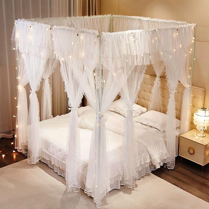 4 Corners Post Princess Curtains Bed Canopy for Girls 8 Panels Curtain- Double Layer Sheer Mesh Canopies Drapes Girls Room Decor (8P-White/White, 4P(27"x82") W+4P(40"x82") L/(Full))