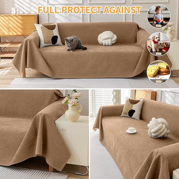 Deep Dream Cat-Scratch Resistant Couch Cover, Waterproof Sofa Cover for 3 Cushion Couch Washable, Pet Friendly Couch Protectors Anti Slip Thickened Sofa Slipcovers for Dogs Pets, 71" x 134", Brown