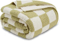 CozeCube Super Soft Fullfy Microfiber Reversible Knitted Blankets, Warm Cozy Fuzzy Plush Throw, Sage Green and White Checkered Throw Blanket for Couch Bed Sofa, 50" x 60"
