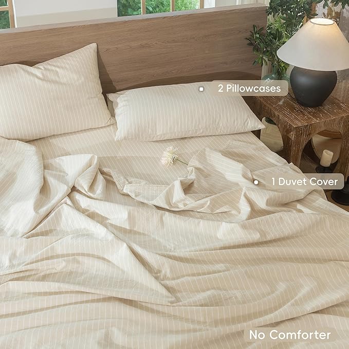 MooMee Striped Duvet Cover Set 100% Washed Cotton Linen Like Textured Breathable Durable Soft Comfy (Almond Milk Grey White Wide Stripes, King 104"x90")