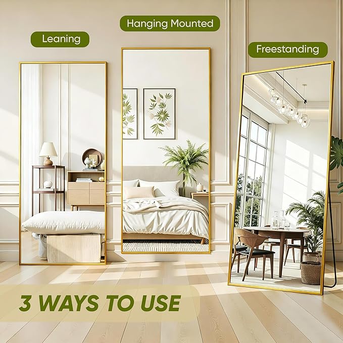 Full Length Mirror, 71"x28" Full Body Mirror, Oversized Floor Mirrors, Leaning Free Standing Mirrors, Hanging Mounted Large Mirrors for Bedroom Dressing Room, Cloakroom, Gold