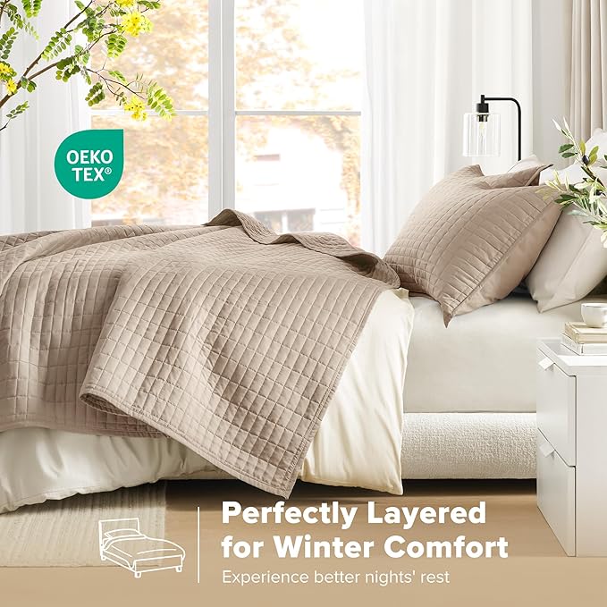 Comfort Spaces Kienna Quilt Set- Double Sided Stitching Design Summer Blanket, Lightweight, Soft, All Season Bedding Layer, Matching Sham, Taupe, Coverlet Full/Queen(90"x90") 3 Piece