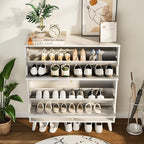 Shoe Storage Cabinet for Entryway with 2 Flip Drawers, Narrow Wood Shoe Cabinet with Fluted Panel, Freestanding Hidden Shoe Organizer for Foyer, Hallway (White - with Shelf)