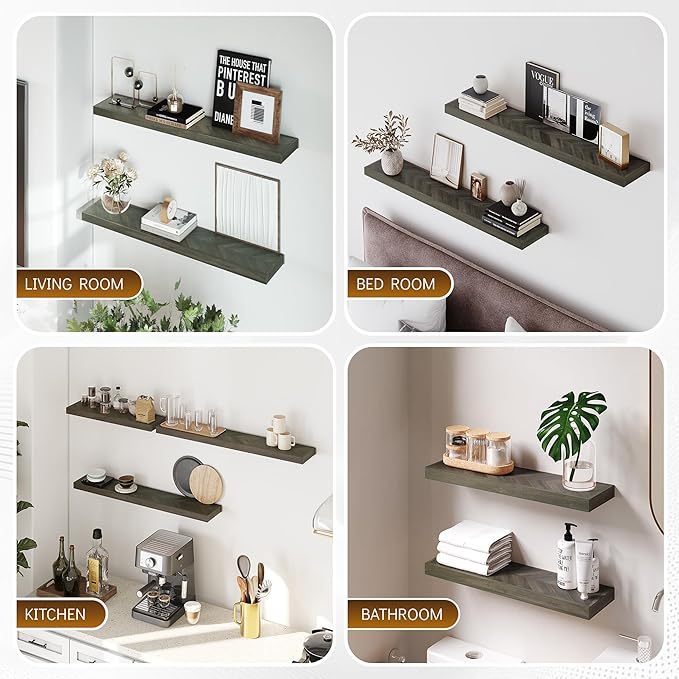 48" Rustic Farmhouse Floating Shelves – Set of 2 Acacia Wood Shelves for Stylish Wall Decor in Kitchen, Bathroom, Unique Chevron Pattern, Mocha Color, 48x8x1.5 Inches - Set of 2 - DIY