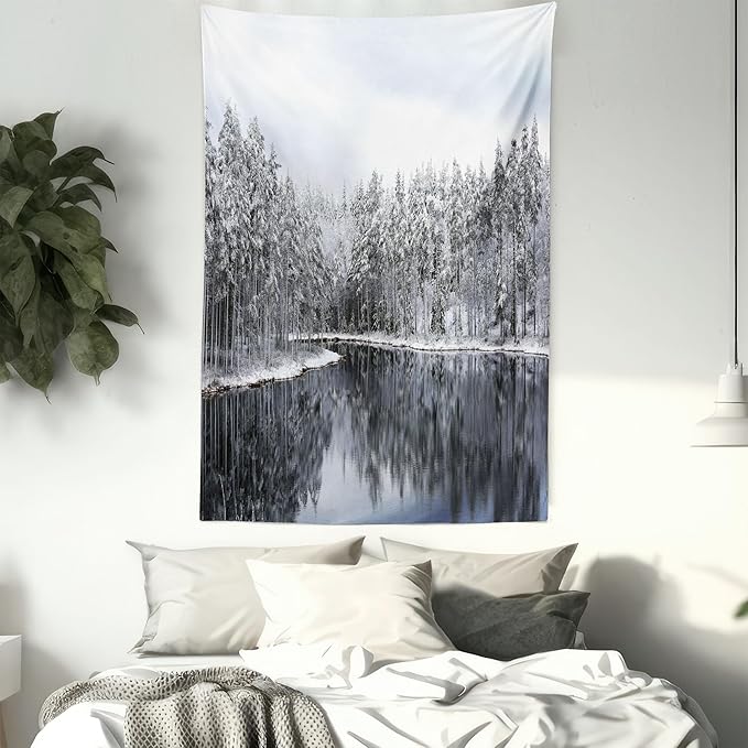 Ambesonne Woodland Tapestry Queen Size, Lake Surrounded by Snow Covered Trees on a Cold Winter Day in Finland Reflections, Wall Hanging Bedspread Bed Cover Wall Decor, 88" X 88", White Brown