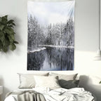 Ambesonne Woodland Tapestry, Lake Surrounded by Snow Covered Trees on a Cold Winter Day in Finland Reflections, Fabric Wall Hanging Decor for Bedroom Living Room Dorm, 23" X 28", White Brown