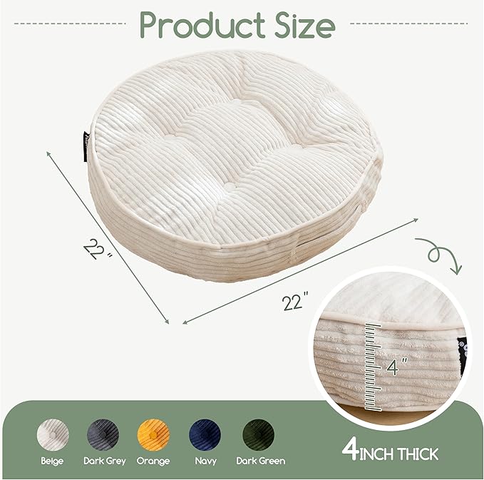 HIGOGOGO Washable Floor Pillow Cushion for Adults, Meditation Cushion Pillow, Large Round Floor Sitting, Removable Tufted Corduroy Cover, for Tatami Living Room or Yoga, 22x22 Inch, Machine Washable