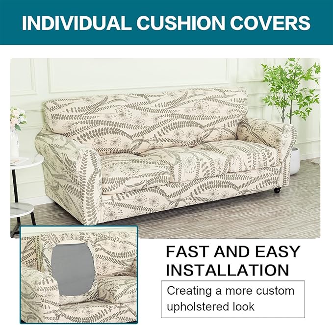 KRFOONN 4 Piece Printed Sofa Couch Cover for 3 Cushion Couches Stretch Sofa Slipcovers with 3 Separate Seat Cushion Covers Washable Furniture Protector with Elastic Bottom (Sofa, 54)