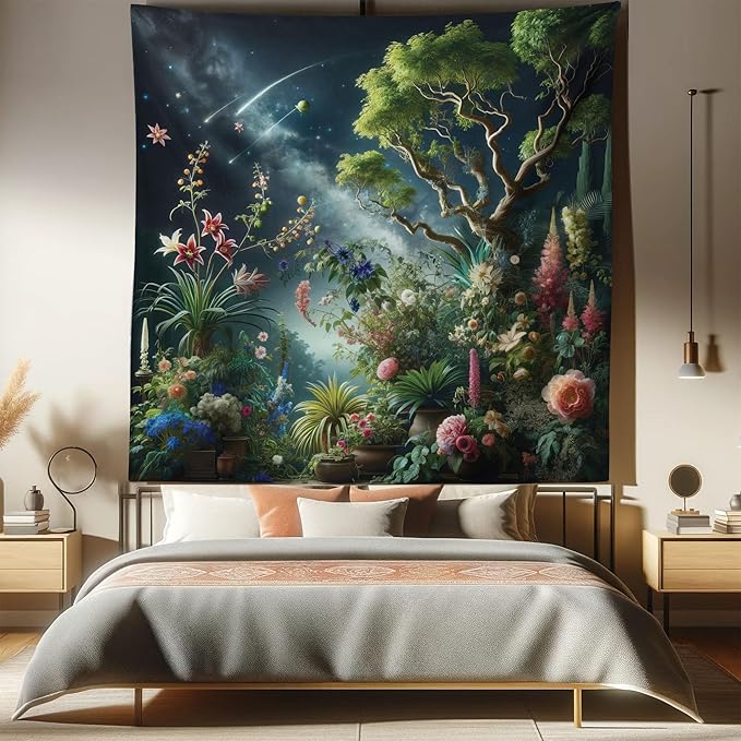 Ambesonne Aesthetic Tapestry Queen Size, Exotic Forest of Twilight with Trees Bushes and Flowers Falling Stars, Wall Hanging Bedspread Bed Cover Wall Decor, 88" X 88", Green Dark Night Blue
