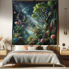 Ambesonne Aesthetic Tapestry Queen Size, Exotic Forest of Twilight with Trees Bushes and Flowers Falling Stars, Wall Hanging Bedspread Bed Cover Wall Decor, 88" X 88", Green Dark Night Blue