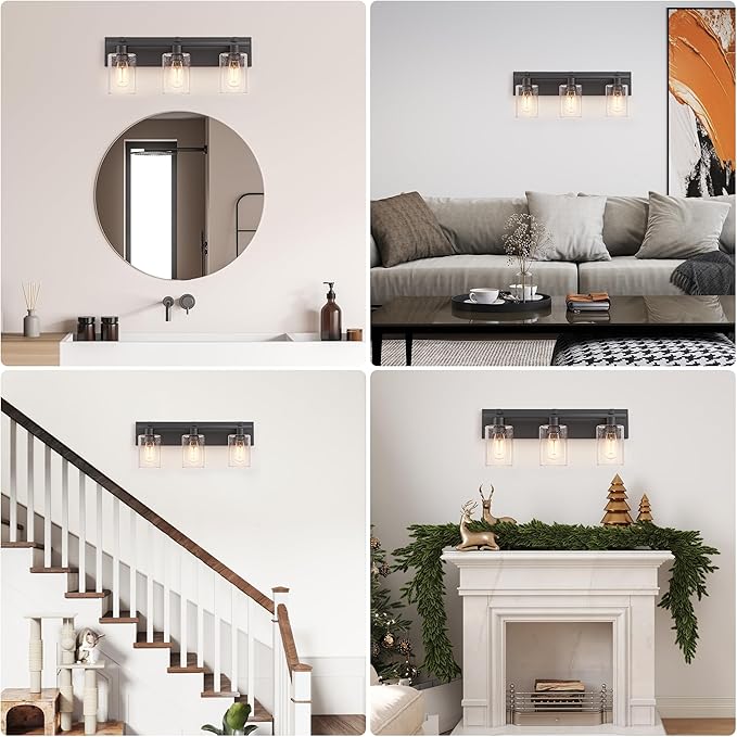 Espird Bathroom Vanity Light,3 Light Matte Black Light Fixture with Thickened Seeded Glass Shade, 21 inch Modern Wall Sconce,Vanity Light Over Mirror for Bathroom