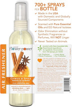 Natural Flower Power Air Freshener Spray - Odor Eliminator w/Essential Oils - Home, Car & Fabric - Cruelty Free & Vegan - Variety Pack - Citrus & Spice and Peppermint & Lemon - 2 x 4 fl oz