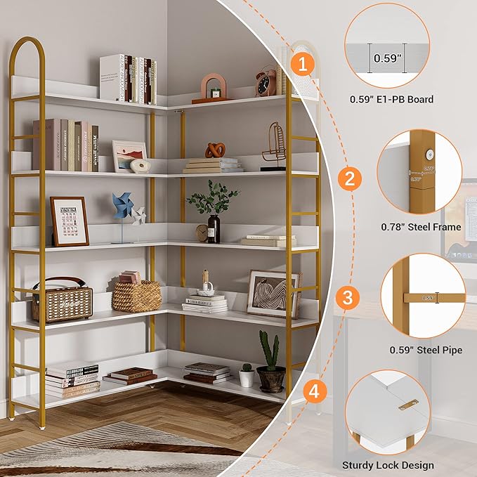 Semoic 5-Tier Gold Bookcase, L-Shape Corner Bookshelf White & Gold, Modern Display Shelf Book Shelves with Adjustable Foot, Freestanding Storage Shelves for Home Office Use