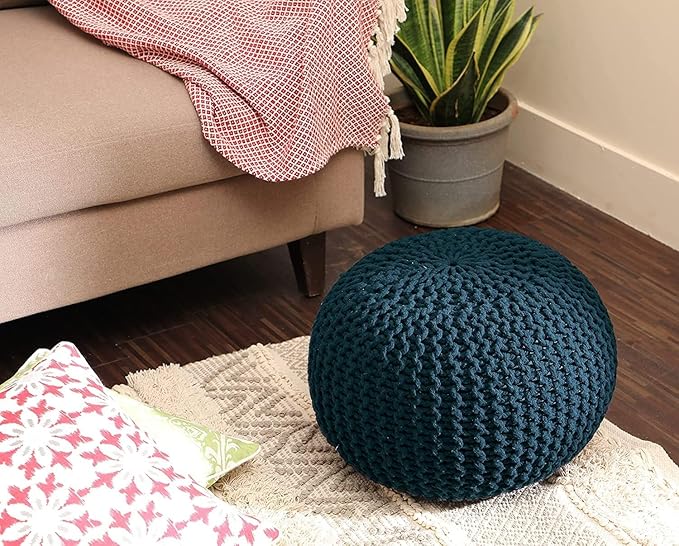 REDEARTH · Round Pouf Foot Stool Bean Bag Ottoman - Hand Knitted Boho Pouffe - Home Decor Poof - Stuffed Foot Rest for Living Room - Nursery - Bedroom - Patio (19.5"x19.5"x14") - Teal, Set of 2