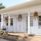 Artificial Fake Hanging Flowers Plants for Outdoor Spring Decoration,2 PCS Faux Silk Daisy with Eucalyptus Leaves,UV Resistant Look Real for Outside Home Indoor Planter Porch Patio Balcony Yard Decor