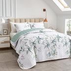 Botanical Quilt Set 3 Piece California King, Green Leaves Printed on White Reversible Bedspread Coverlet Set, Soft Microfiber Lightweight Bed Cover for All Season (102" x 114", 1 Quilt+ 2 Pillow Sham)