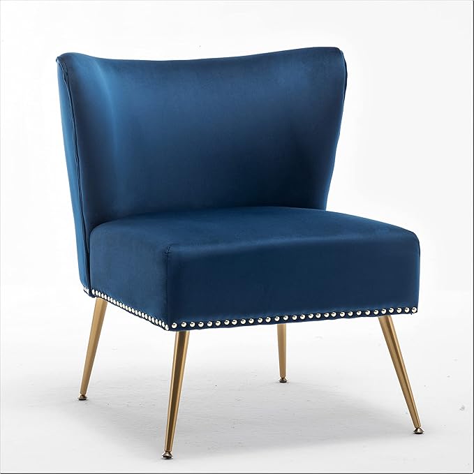 Thia Armless Velvet Accent Chair for Living Room, Elegant Seat with Nailhead Trim, Gold Metal Legs and Comfortable Curved Back, 28" D x 25" W x 29.5" H, Dark Blue