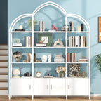 Semoic Arched Bookshelf and Bookcase with 3 Cabinets, Triple Wide 5 Tier Standing Book Shelf, Storage Display Rack Shelves, Industrial Open Bookshelf, Etagere Bookcase, White