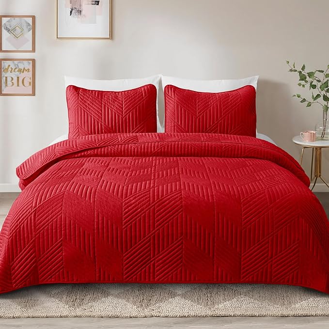 Exclusivo Mezcla Ultrasonic Twin Quilt Bedding Set, Lightweight Red Bedspreads Soft Modern Geometric Coverlet Set for All Seasons (1 Quilt and 1 Pillow Sham)