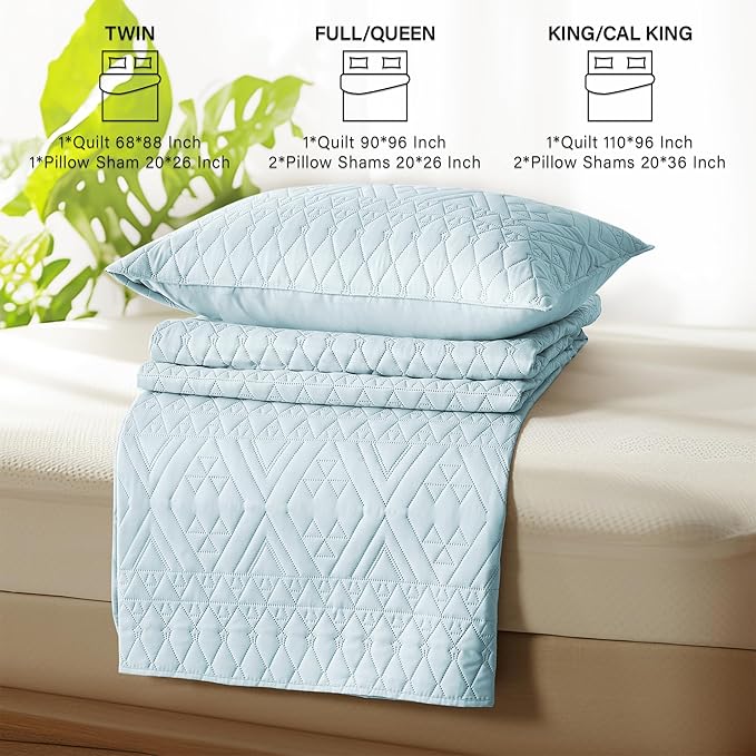 akkialla Full/Queen Size Quilt Bedding Set,Sky Blue Lightweight Microfiber Soft Bedspread,Modern Style Geoetric Pattern Coverlet Set for All Seasons,3 Piece(1 Quilt,2 Pillow Shams)