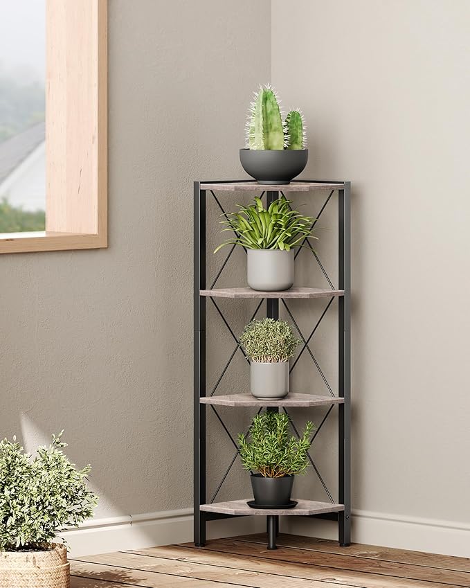 4-Tier Corner Shelf, Corner Bookcase, 43.3" Tall Vertical Display Rack, Plant Stand, Open Storage Shelf, for Living Room, Bedroom, Study, Kitchen, Greige and Black TCJ14BG