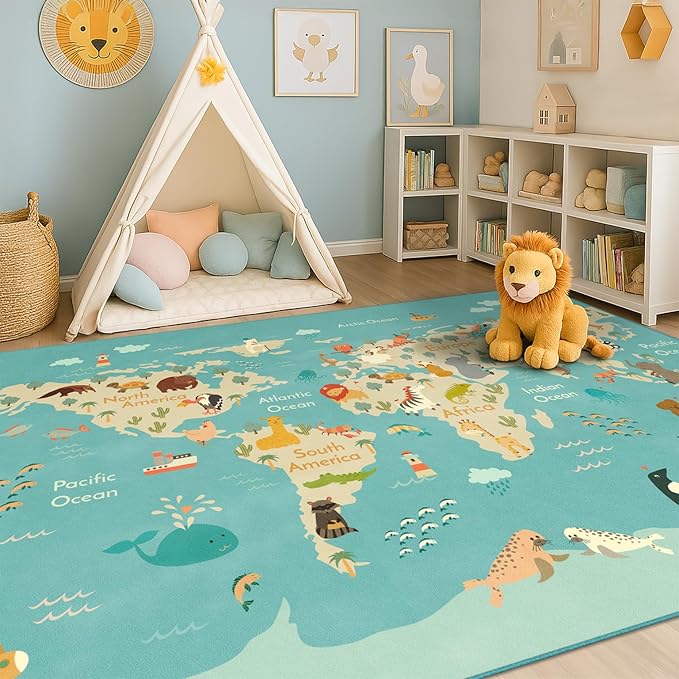 Huge Kids Rugs for Playroom Décor - 9x12 Boho Pastel Classroom Décor for Children Play, Washable Ultra Soft World Map Carpet with Blue Ocean, Continents & Cute Animals