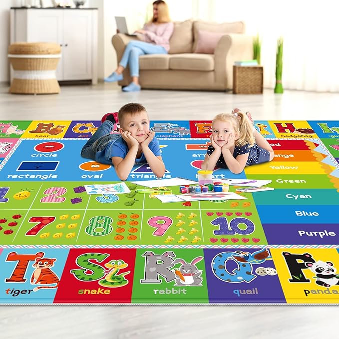 Educational Kids Play Mat with Alphabet & Numbers - Soft Non-Slip Nursery Rug for Toddlers Baby Playroom, Bedroom, Daycare or Classroom