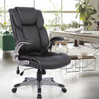 COLAMY High Back Executive Office Chair - Padded Leather Ergonomic Computer Desk Chair with Inflatable Lumbar Support & Flip-Up Arms, Adjustable Tilt Lock Swivel Task Chair for Home Office, Black