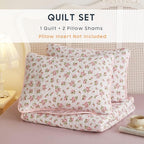 Wake In Cloud - Floral Quilt Set, Coquette Cottagecore Shabby Chic Flower Pattern for Women Teen Girls, Reversible Lightweight Bedspread Coverlet, 3 Pieces, Pink, King Size