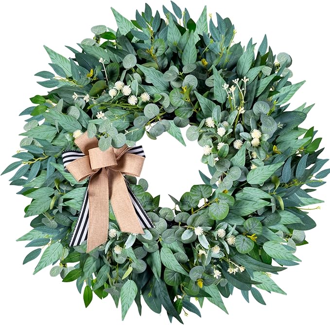 26'' Large Wreaths for Front Door Year Round, Spring Summer Artificial Green Eucalyptus Wreath with Buffalo Burlap Bow, Farmhouse Home Decor for Window Porch Holiday Housewarming